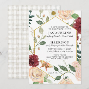 Invitación Borgoña Floral Elegante Rosa Fall Boda