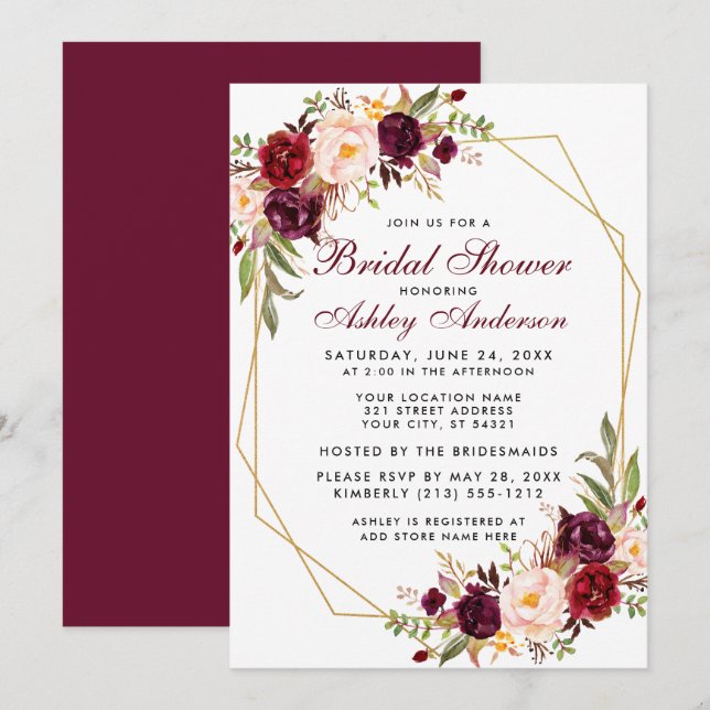 Invitación Borgoña Floral Geométrica Marco Oro Ducha de novia (Anverso / Reverso)