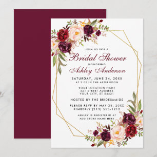 Invitación Borgoña Floral Geométrica Marco Oro Ducha de novia