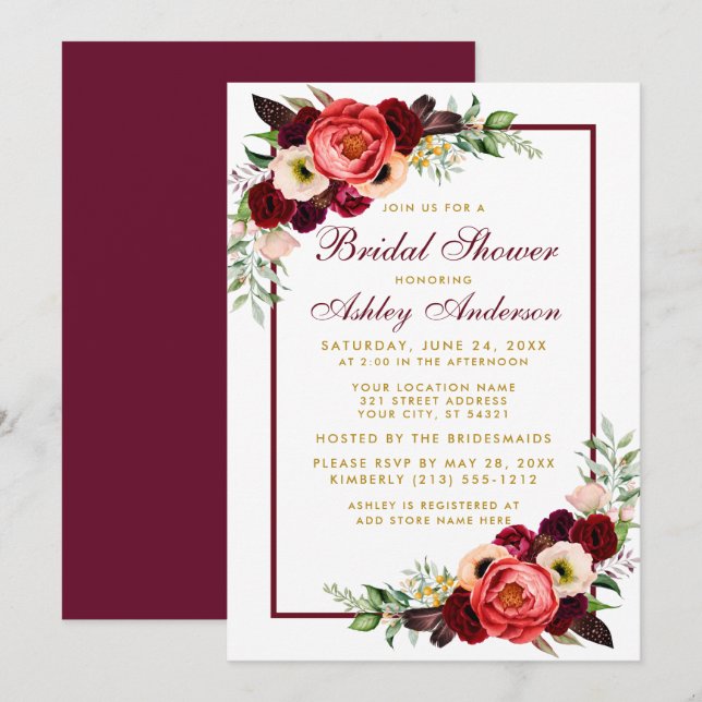 Invitación Borgoña Floral Gold Boho Bridal Shower Invite B (Anverso / Reverso)