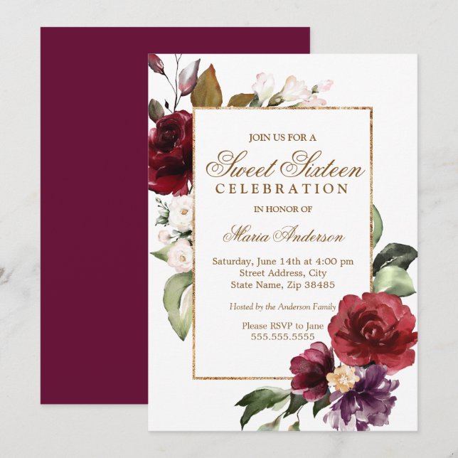 Invitación Borgoña Floral Gold Border Sweet 16 Fiesta (Anverso / Reverso)