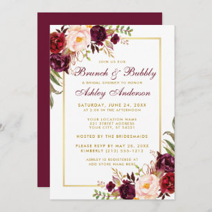 Invitación Borgoña Floral Gold Bridal Ducha Brunch Invite B