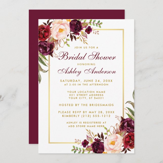 Invitación Borgoña Floral Gold Bridal Shower B (Anverso / Reverso)