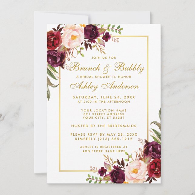 Invitación Borgoña Floral Gold Bridal Shower Brunch Invite G (Anverso)