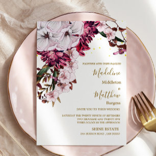 Invitación Borgoña Floral Gold Elegante Boda de Moda