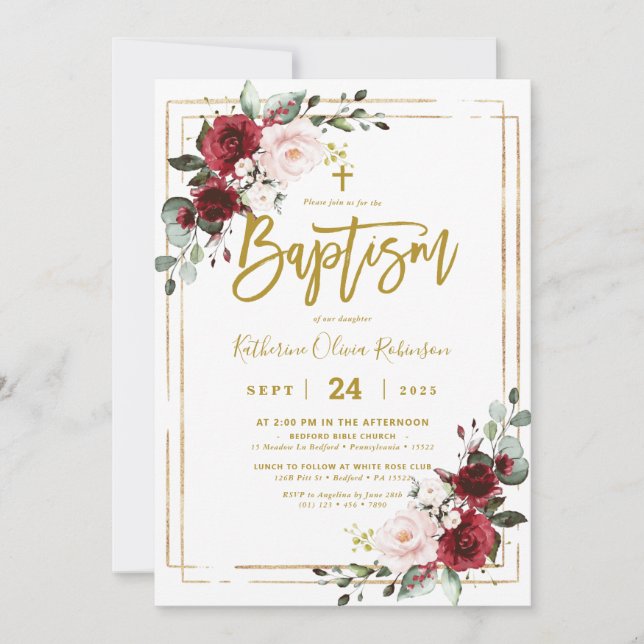 Invitación Borgoña Floral Gold Frame Bautismo  (Anverso)