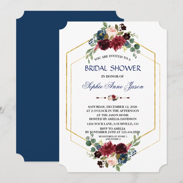 Invitación Borgoña Floral Gold Hexagon Frame Shower (Anverso / Reverso)