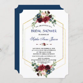 Invitación Borgoña Floral Gold Hexagon Frame Shower