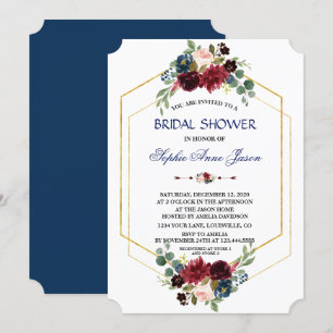 Invitación Borgoña Floral Gold Hexagon Frame Shower