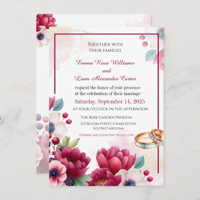 Invitación Borgoña Floral & Gold Rings Elegant Wedding Invite (Anverso / Reverso)