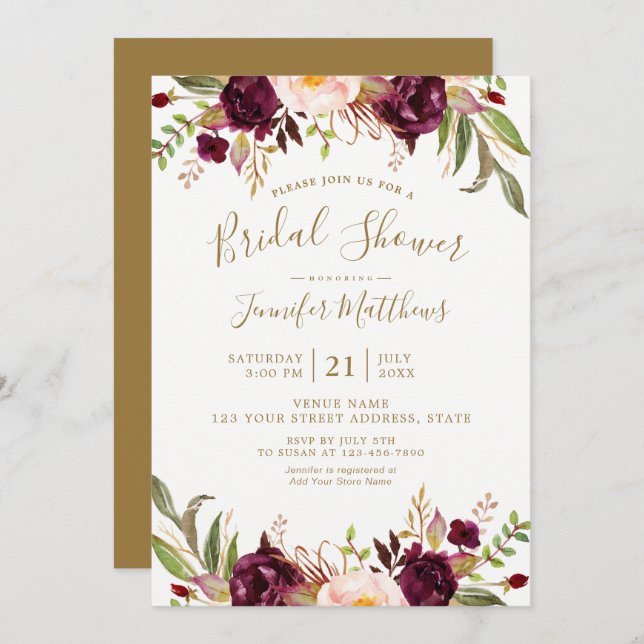 Invitación Borgoña Floral Gold Script Rústica Ducha nupcial (Anverso / Reverso)