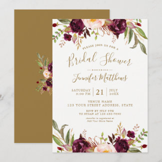 Invitación Borgoña Floral Gold Script Rústica Ducha nupcial