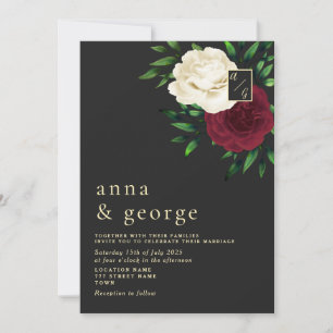Invitación Borgoña floral gótica y Boda negro