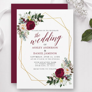 Invitación Borgoña Floral Greeneration Caligraphy Boda Gold