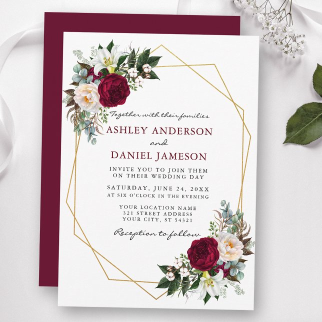 Invitación Borgoña Floral Greeneration Gold Frame Boda B (Customize to change text color, style, add text & photos to back or change color of back of card.)