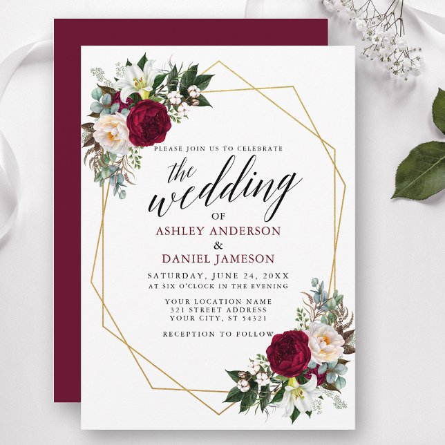 Invitación Borgoña Floral Greenery Calligraphy Gold Boda (Customize to change text color, style, add text & photos to back or change color of back of card.)