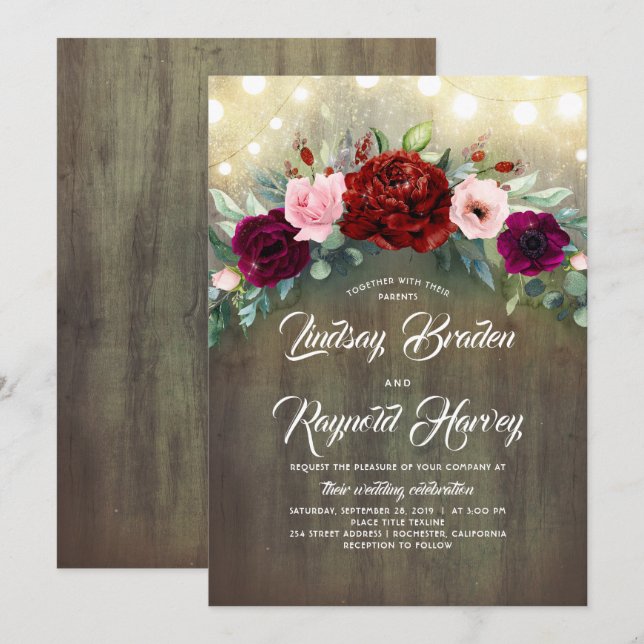 Invitación Borgoña Floral Greenery Garland Rústico Boda (Anverso / Reverso)