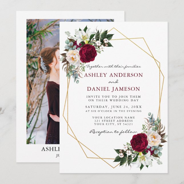 Invitación Borgoña Floral Greenery Gold Frame Boda de fotogra (Anverso / Reverso)
