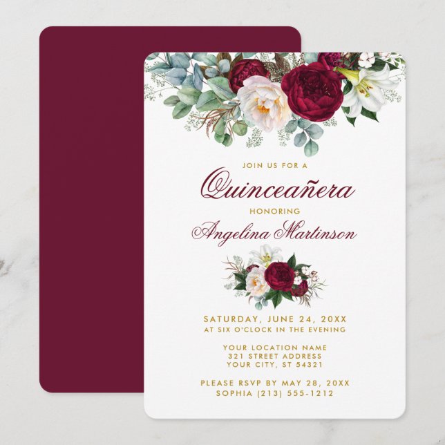 Invitación Borgoña Floral Greenery Gold Quinceanera (Anverso / Reverso)