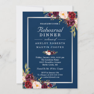 Invitación Borgoña Floral Gris Azul Boda Ensayo Cena