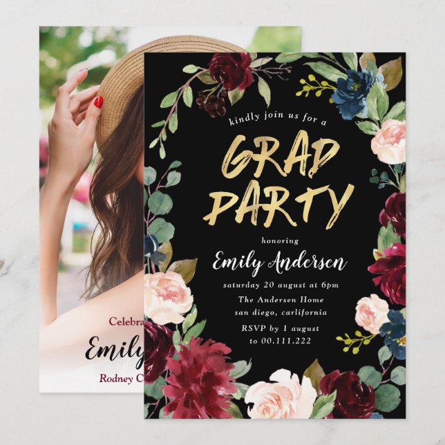 Invitación Borgoña floral guión de escritura fiesta de gradua (Anverso / Reverso)