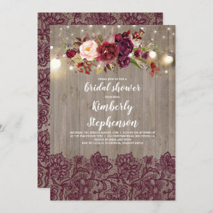 Invitación Borgoña Floral Lace Rustic Bridal Shower