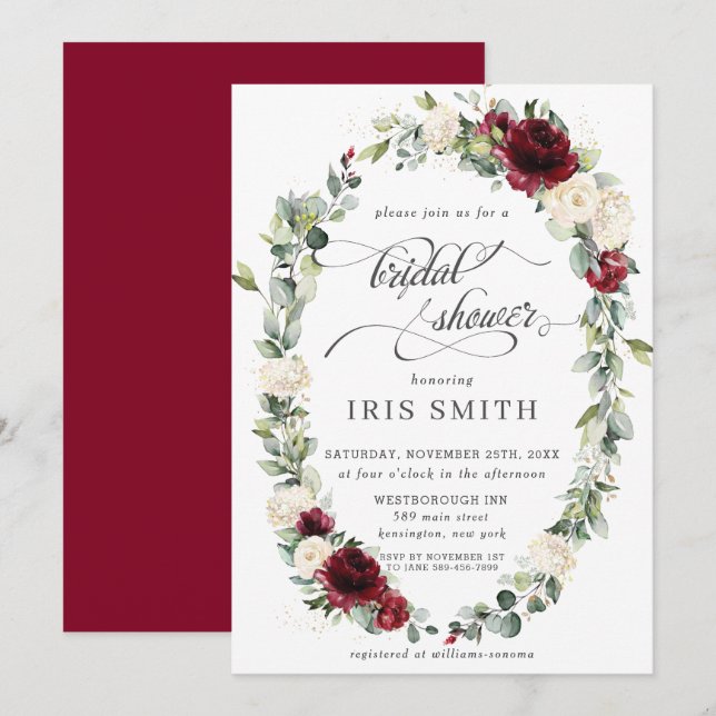 Invitación Borgoña Floral Leafy Wreath Bridal (Anverso / Reverso)