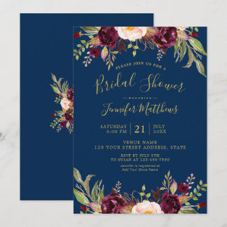 Invitación Borgoña Floral Marina Azul Rústica Ducha Nupcial