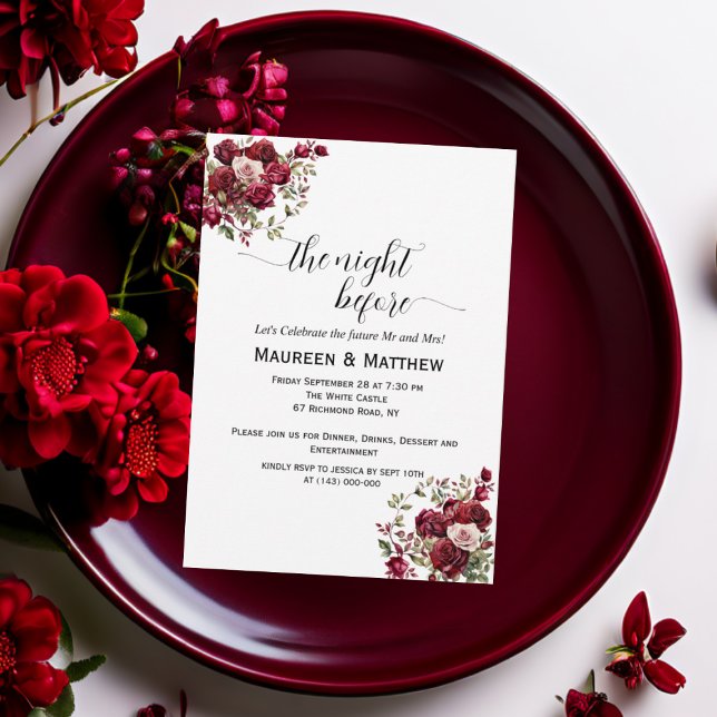 Invitación Borgoña Floral moderna Boda "La noche antes" (Subido por el creador)