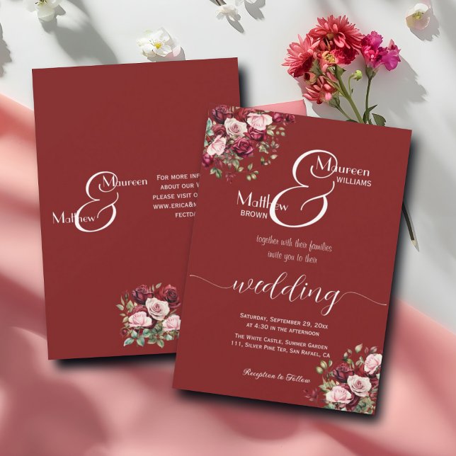 Invitación Borgoña Floral Moderna Script and Details Boda (Subido por el creador)