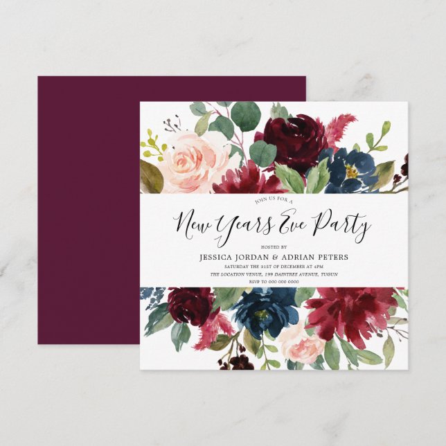 Invitación Borgoña Floral Moderno Año Nuevo Fiesta (Anverso / Reverso)