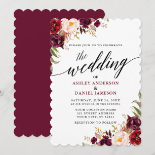 Invitación Borgoña Floral Moderno Boda de caligrafía elegante