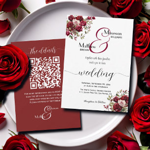 Invitación Borgoña Floral Moderno Script Boda de código QR