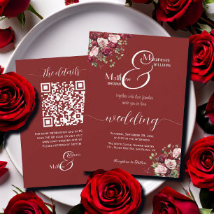 Invitación Borgoña Floral Moderno Script Boda de código QR