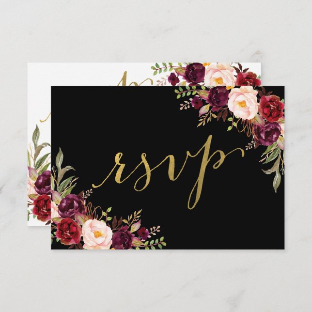 Invitación Borgona Floral Negro Hoja Dorada Falsa Boda RSVP (Anverso / Reverso)
