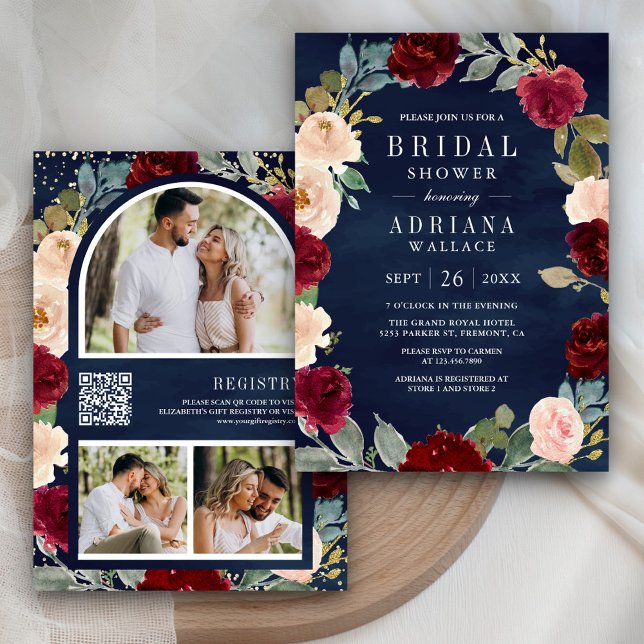Invitación Borgoña Floral QR Código Marina Ducha de novia (Subido por el creador)