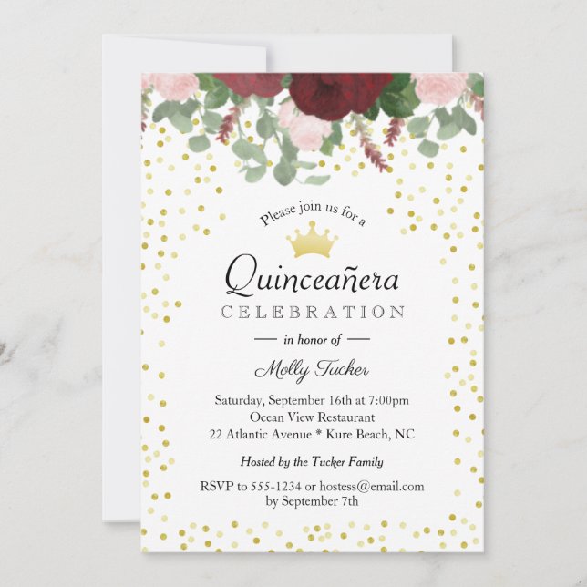 Invitación Borgoña Floral Quinceanera 15 cumpleaños (Anverso)