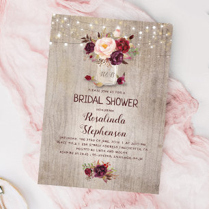 Invitación Borgoña Floral Roja Mason Jar Rustic Bridal Shower