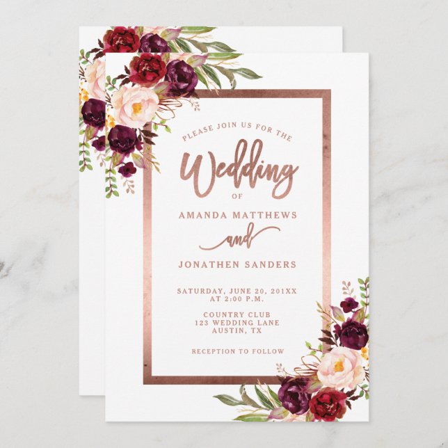Invitación Borgoña Floral Rosa Dorado Script Elegante Boda (Anverso / Reverso)