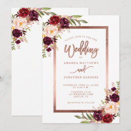 Invitación Borgoña Floral Rosa Dorado Script Elegante Boda