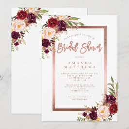 Invitación Borgoña Floral Rosa Gold Script Bridal Shower