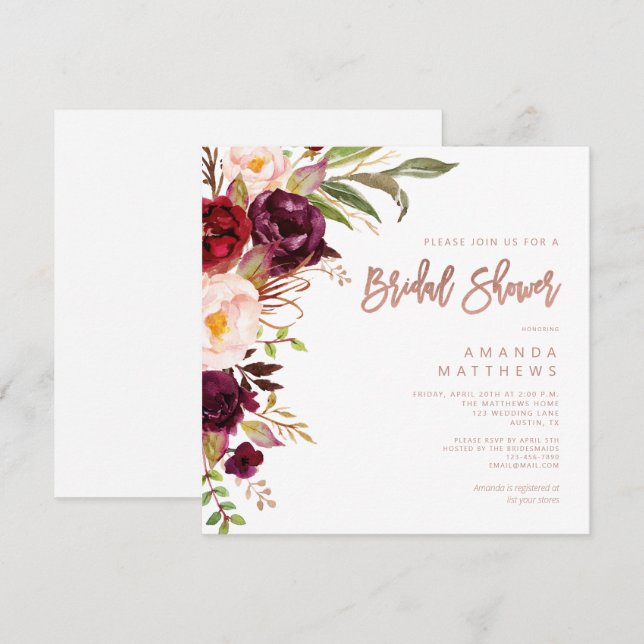 Invitación Borgoña Floral Rosa Gold Script Bridal Shower (Anverso / Reverso)
