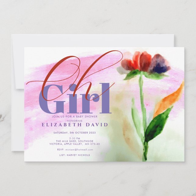 Invitación Borgoña Floral Rosa Resumen Bebé Chica Ducha (Anverso)