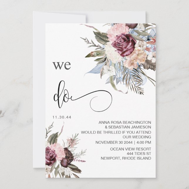 Invitación *~* Borgoña Floral RSVP - Rosa de BODA QR AR15 (Anverso)