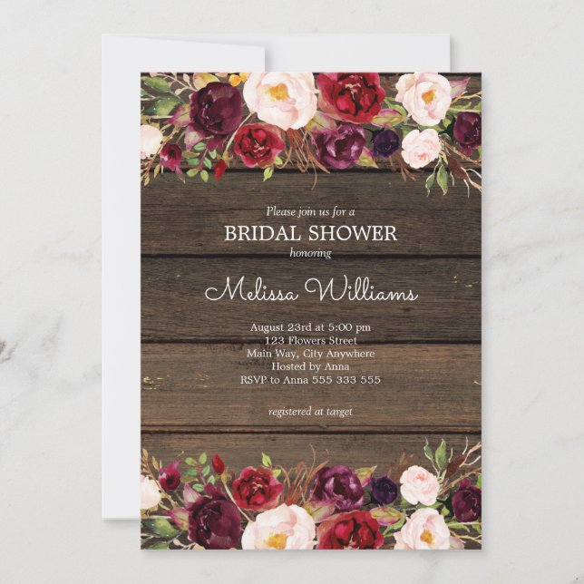 Invitación Borgoña Floral Rustic Barn Wood Bridal (Anverso)