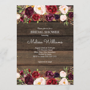Invitación Borgoña Floral Rustic Barn Wood Bridal
