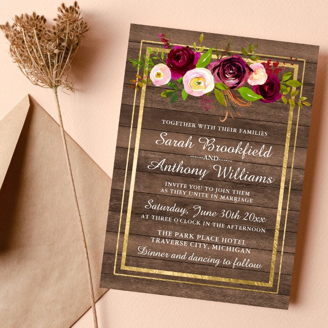 Invitación Borgoña Floral Rustic Gold Rosa Boda de Rubor (Subido por el creador)
