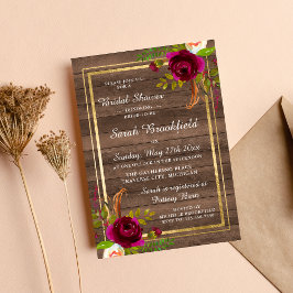 Invitación Borgoña Floral Rustic Gold Rosa Bridal Shower