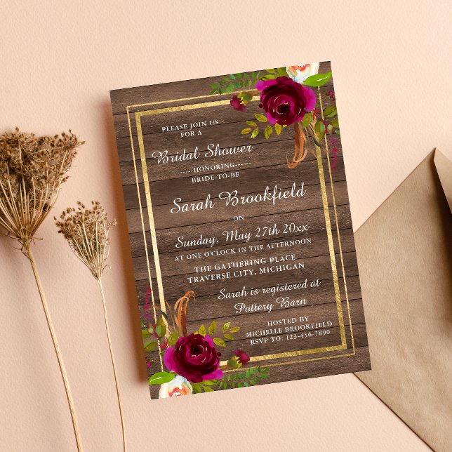 Invitación Borgoña Floral Rustic Gold Rosa Bridal Shower (Subido por el creador)