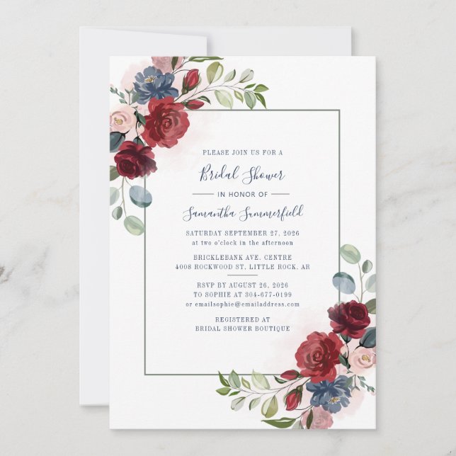 Invitación Borgoña Floral Rustic Script Bridal Shower (Anverso)